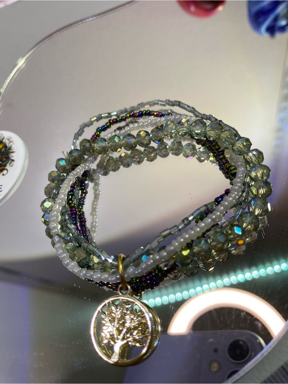 Gold Tree of Life Multi-Strand Green Beaded Bracelet - Picture 5 of 7